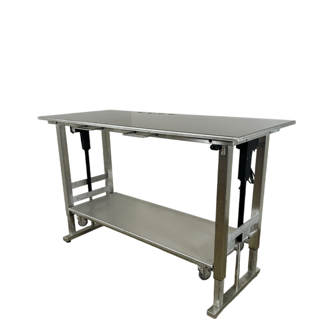 Höhenverstellbarer Tisch aus Edelstahl (Hauptbild, schräge Vorderansicht)