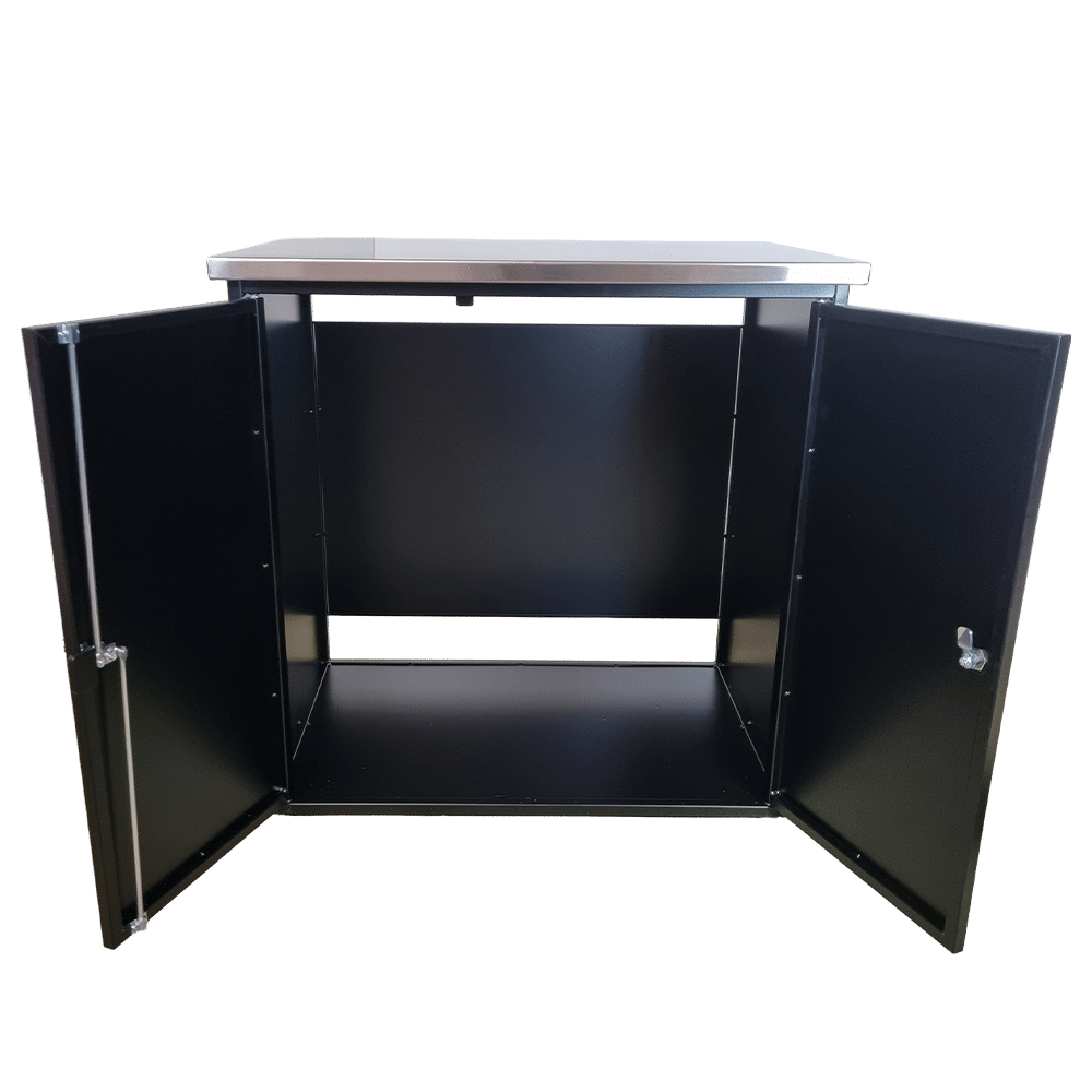 Industrial coffee cabinet – 860x560x850 mm - front view with 2 open doors